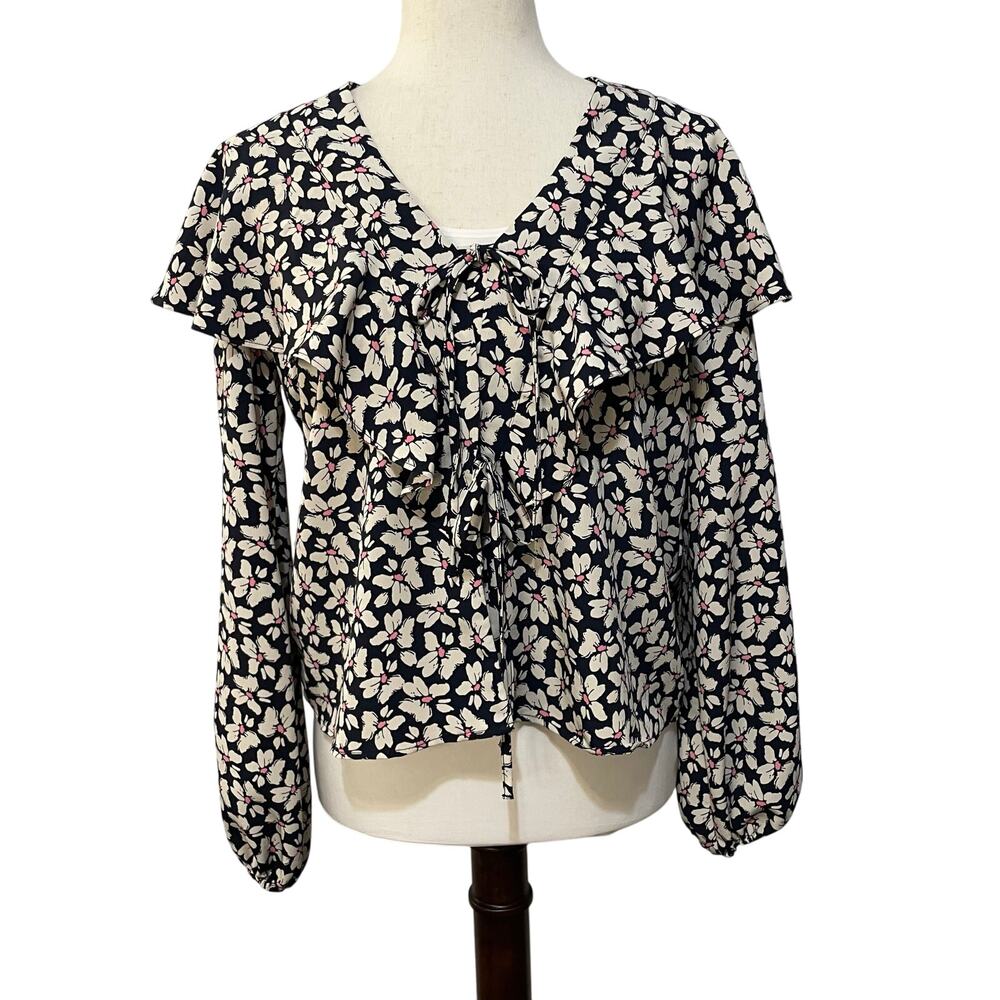 Topshop Ruffle V-Neck Cropped Blouse Black Floral Long Sleeve Tie Front Size 2